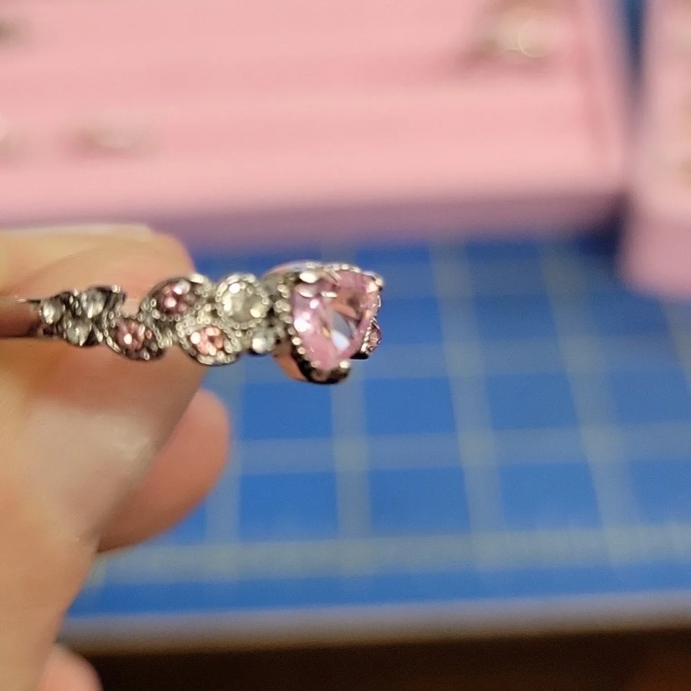 Pink Heart & Rhinestone Silver Tone Ring - Picture 2 of 5